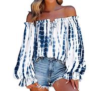 Women's Off Shoulder Floral Print Bardot Top Tie Neck Long Sleeve Buttton Cuff Chiffon Elegant Blouse Frill Trim Smocked Top Blouse Puff Long Sleeve for Ladies UK Navy