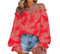 Women's Off Shoulder Floral Print Bardot Top Tie Neck Long Sleeve Buttton Cuff Chiffon Elegant Blouse Frill Trim Smocked Top Blouse Puff Long Sleeve for Ladies UK Red