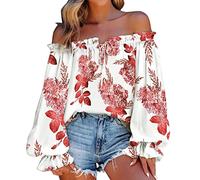 Women's Off Shoulder Floral Print Bardot Top Tie Neck Long Sleeve Buttton Cuff Chiffon Elegant Blouse Frill Trim Smocked Top Blouse Puff Long Sleeve for Ladies UK White
