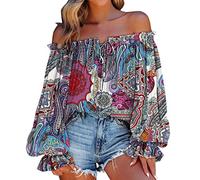 Women's Off Shoulder Floral Print Bardot Top Tie Neck Long Sleeve Buttton Cuff Chiffon Elegant Blouse Frill Trim Smocked Top Blouse Puff Long Sleeve for Ladies UK Blue