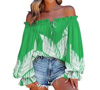 Women's Off Shoulder Floral Print Bardot Top Tie Neck Long Sleeve Buttton Cuff Chiffon Elegant Blouse Frill Trim Smocked Top Blouse Puff Long Sleeve for Ladies UK Green
