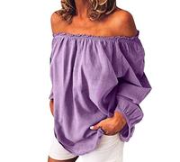 Women's Off Shoulder Frill Trim Smocked Long Sleeve Ruffle Tops Blouse Cotton Linen Plain Tunic Blouses Leisure Wear Plus Size Tee Shirt for Going Out Holiday Beach Vacation Weddings Loungewear