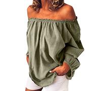 Women's Off Shoulder Frill Trim Smocked Long Sleeve Ruffle Tops Blouse Cotton Linen Plain Tunic Blouses Leisure Wear Plus Size Tee Shirt for Going Out Holiday Beach Vacation Weddings Loungewear