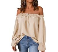 Women's Off Shoulder Frill Trim Smocked Long Sleeve Ruffle Tops Blouse Cotton Linen Plain Tunic Blouses Leisure Wear Plus Size Tee Shirt for Going Out Holiday Beach Vacation Weddings (11-Beige, XL)