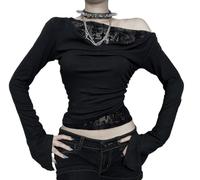 Women's Off Shoulder Goth Crop Top Mesh Patchwork Long Sleeve Blouses Black Gothic T Shirts Slim Boat Neck Y2k Outfits, Black, S