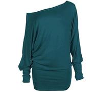 Womens Off Shoulder Jumper Batwing Sleeve Plain Shirt Ladies Winter Fashion Long Sleeve Baggy Top Teal UK 8-10