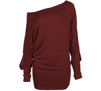 Womens Off Shoulder Jumper Batwing Sleeve Plain Shirt Ladies Winter Fashion Long Sleeve Baggy Top Wine UK 16-18