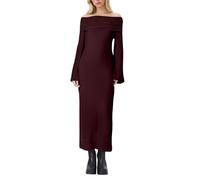 Women's Off Shoulder Knit Lace Formal Dresses Long Sleeve Elegant Cocktail Party Midi Maxi Leather Shirt, Wine, M