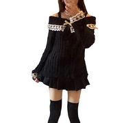 Womens Off Shoulder Lace Trim Jumper Y2K Kawaii Long Sleeve Sexy Winter Sweater Cute Knitted Tops with Bowknot (Black, L)