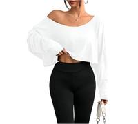 Women's Off Shoulder Long Sleeve Crop Top, Asymmetrical Neck Casual T-Shirt, Loose Oversized Boat Neck Blouse for Gym, Lounge and Daily Wear, Soft Stretch Pullover Top White