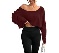 Women's Off Shoulder Long Sleeve Crop Top, Asymmetrical Neck Casual T-Shirt, Loose Oversized Boat Neck Blouse for Gym, Lounge and Daily Wear, Soft Stretch Pullover Top Wine