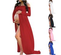 Women's Off Shoulder Maternity Dress UK Sale Clearance,Long Sleeve Ruched Nursing Gown Ladies Baby Shower Photography Pregnant Dress Elegant Solid Dress Pregnancy Photo Shoot Props Dresses Black