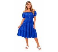 Women's Off Shoulder Midi Dress Summer Smocked Waist Button Front Tiered Swing Dress Short Puff Sleeve Casual Holiday Dress One Size (12- 30) (UK, Numeric, 12, 30, Regular, Regular, Royal Blue)
