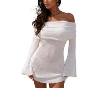 Women's Off Shoulder Mini Dress - Sexy Knit Crochet Bodycon Long Bell Sleeve Short Sweater Dresses, Elegant Mesh Ruched Beach Vacation Wear for Party Cocktail Club (White,S)