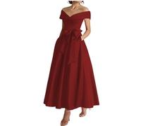 Women's Off Shoulder Mother of The Bride Dresses with Bow Formal Evening Prom Gowns Tea Length ZM289 Wine Red UK16