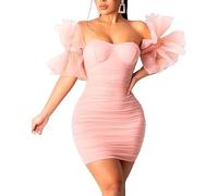 Women's Off Shoulder Prom Dress - Elegant Spliced Puff Sleeve Mesh Ruched Bodycon Mini Dress Sexy Solid Color Tube Party Outfit for Cocktail Evening Party Wedding Night Out (Pink,S)