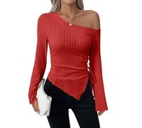 Womens Off Shoulder Ribbed Knit Top Long Sleeve Side Tie Ruched Blouse with Asymmetric Hem Fitted Casual Going Out Shirt Ladies Knitwear Top for Daily Wear M Watermelon Red