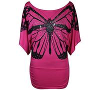 Womens Off Shoulder Scoop Neck Sequin Butterfly Print T Shirt Ladies Batwing Short Sleeve Tee Summer Top Cerise UK 12-14