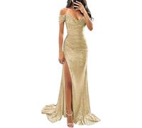Women's Off Shoulder Sequin Mermaid Prom Dresses Sparkly Pleated Formal Evening Long Gown with Slit Gold