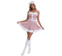 Women's Off Shoulder Sparkly Sequins Christmas Dresses with Hat Belt Choker Xmas Mini Dress Mrs Claus Wrap Bust Costumes Holiday Cosplay Party Outfit Sexy Partywear Suit (Pink, XL)