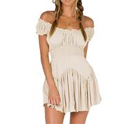 Women's Off Shoulder Square Neck Puff Sleeve A-Line Short Mini Dress Flounce Shirred Ruffle Smocked High Waist Skater Dresses (Apricot#4, L)