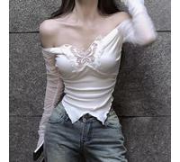 Women's Off Shoulder Top Long Sleeve Hollow Out Shirt Korean Streetwear Solid Blouse Spring Autumn S-L(White L)