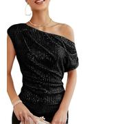 Women's Off Shoulder Top Red - One Shoulder Top Women, Y2K Tops Elegant Sexy Slim Fit Glitter Top Sequins Party Tops Plain Slant Collar Shirt Cocktail Party Blouse Sequins Top, red, XXL