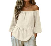 Womens Off Shoulder Tops 3/4 Sleeve Blouses Casual Loose Fit Solid Color Summer Shirts Ruffle Hem Tees Soft Lightweight Stylish Beach Shirts Daily Vacation Clothes