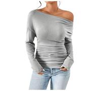 Women's Off Shoulder Tops Long Sleeve Asymmetrical Slim Fit Going Out Blouse Ruffled Tight Shirts, gray, M