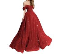 Women's Off Shoulder Tulle Prom Gowns A-Line Formal Dress Sparkly Quinceanera Dress for Teens YIAX186 Wine Red UK18