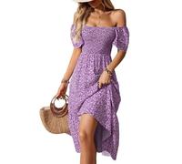 Women's Off The Shoulder Floral Maxi Dress - Boho Smocked Puff Sleeve Square Neck Sundress Ladies Elegant High Waist A-Line Flowy Tiered Long Beach Dresses Personalised Gifts,Purple,XL,u1250k