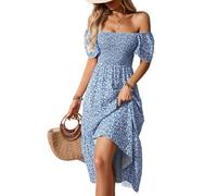 Women's Off The Shoulder Floral Maxi Dress - Boho Smocked Puff Sleeve Square Neck Sundress Ladies Elegant High Waist A-Line Flowy Tiered Long Beach Dresses Personalised Gifts,Blue,XL,u1220k