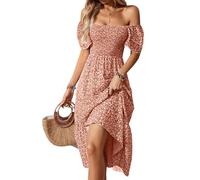 Women's Off The Shoulder Floral Maxi Dress - Boho Smocked Puff Sleeve Square Neck Sundress Ladies Elegant High Waist A-Line Flowy Tiered Long Beach Dresses Uk Size 8 10 12 14 16 18,Orange,XXL,u1237k