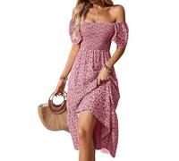 Women's Off The Shoulder Floral Maxi Dress - Boho Smocked Puff Sleeve Square Neck Sundress Ladies Elegant High Waist A-Line Flowy Tiered Long Beach Dresses Personalised Gifts,Hot Pink,XXL,u1232k