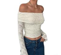 Women's Off-the-Shoulder Lace T-Shirt with Turn-Down Collar, Pleated Long Sleeve Stretch Top for Summer Vacation Beach Holiday, Solid Color Regular Fit Blouse(L Beige)