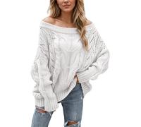 Women's Off The Shoulder Long Sleeve Crochet Sweater, Hollow Out Oversize Knit Pullover Jumper Batwing Sleeve Pullover (White,L)