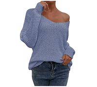Women's Off-The-Shoulder Long Sleeve One-word Collar Pullover Knitted Plain Backless Tunic, blue, M