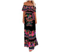Women's Off the Shoulder Maxi Dress Floral Print Ruffle A Line Flowy Beach Vacation Dresses Strapless Bandeau Dresses Summer Spring Casual Boho Long Sundress Ladies Elegant High Waist Boho Dresses