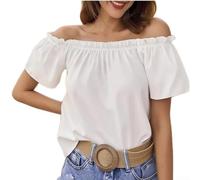 Women's Off-the-Shoulder Ruffle Trim Blouse, Solid Color Short Sleeve Chiffon Top for Summer Vacation Beach Holiday, Regular Fit Elastic Shirt S-XXL(XL White)