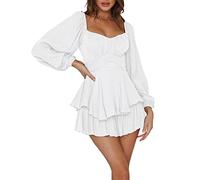Womens Off The Shoulder Summer Dresses Square Neck Smocked Ruffle Romper Y2k A Line Swing Fairy Short Dresses (D-White, L)