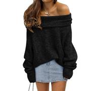 Womens Off The Shoulder Sweater Oversized Batwing Sleeve Loose Pullover Sweaters Tops(Black,S)