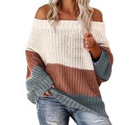 Women's Off-The-Shoulder Sweater,Women Color Block Crochet Striped Sweaters Winter Warm-Ribbed Long Sleeve Top Comfy Lounge Loose Lightweight Pullover Top Comfortable Jumpers for Women UK