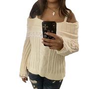 Women's Off The Shoulder Sweaters Long Sleeve Contrast Lace Knit Pullovers Bow Front kJumper Cold Shoulder Tops (White, L)