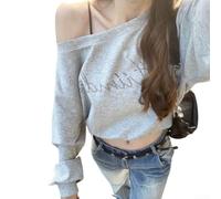 Women's Off-the-Shoulder Sweatshirt with Rhinestone Lettering, Long Sleeve Loop Knit Pullover Top for Vacation Beach Holiday Cycling, Regular Fit Fashion(XL Gray)