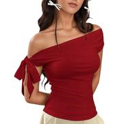 Women's Off The Shoulder Tank Top Going Out Asymmetrical Tops Y2K Slim Fit Cute Crop One Tie Shoulder Ruched Tank Top Womens Silk Satin Tops Short Sleeve Dressy Shirts for Women UK Red