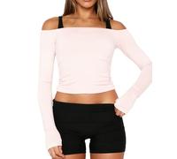 Womens Off The Shoulder Tops Casual Solid Color Slim Fit Long Sleeve Basic Workout T-Shirt Y2K Going Out Crop Top Gym Yoga Shirts (A-Pink, L)