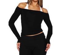 Womens Off The Shoulder Tops Casual Solid Color Slim Fit Long Sleeve Basic Workout T-Shirt Y2K Going Out Crop Top Gym Yoga Shirts (A-Black, L)