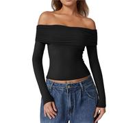 Womens Off The Shoulder Tops Double Lined Long Sleeve T Shirts Slim Fitted Stretchy Crop Top(Black,XS)