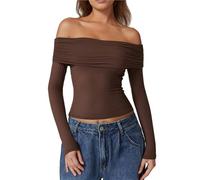 Womens Off The Shoulder Tops Double Lined Long Sleeve T Shirts Slim Fitted Stretchy Crop Top(Brown,S)
