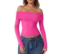 Womens Off The Shoulder Tops Double Lined Long Sleeve T Shirts Slim Fitted Stretchy Crop Top(Pink,S)